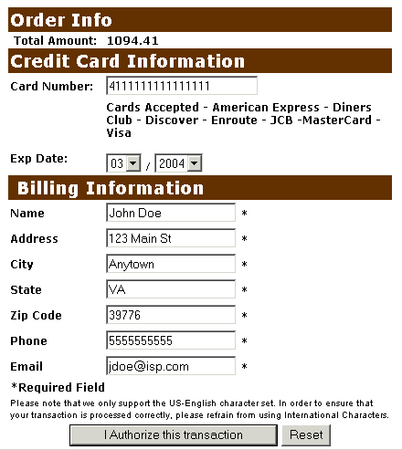 Enter credit card information example screen