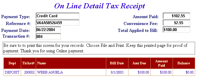 Receipt example screen