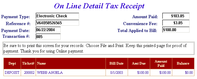 Receipt example screen