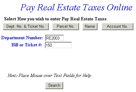Pay using department and ticket number example screen