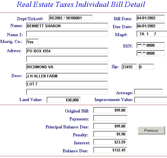 Bill detail example screen