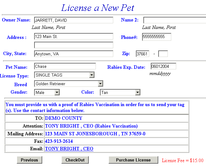 Enter owner and pet information example screen