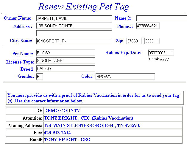 Owner and pet information example screen