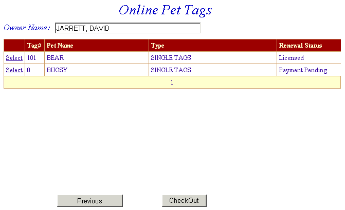 Choose next pet or proceed to checkout example screen