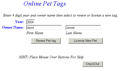 Add or renew additonal pet license example screen